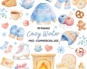Cozy Winter Watercolor Clipart Bundle – Cute Hygge Winter Elements PNG for Crafts, Stickers, Cards & Digital Design – Commercial Use