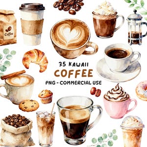 May include: Watercolor illustration featuring various coffee drinks, pastries, and coffee beans. Includes a latte with heart art, a croissant, a muffin, and a donut. The text "35 KAWAI COFFEE" is displayed.
