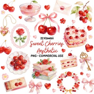 Könnte beinhalten: Aquarell-Illustration mit verschiedenen Kirsch-Themen-Elementen. Enthält Kirschen, einen herzförmigen Kuchen, Rosen, einen Schlüssel, eine Halskette und den Text "22 Kawaii Sweet Cherries Aesthetic PNG - COMMERCIAL USE".