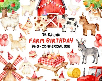 Puede incluir: Ilustración en acuarela de animales de granja, un granero rojo y decoraciones de fiesta. El texto dice "35 Kawaii Farm Birthday PNG - Commercial Use". La imagen presenta varios animales con gorros de fiesta.