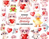 Cute Valentine Animals Clipart Bundle - Kawaii Watercolor Animals with Heart Sunglasses PNG - Love, Gift, Card, Sticker - Commercial Use