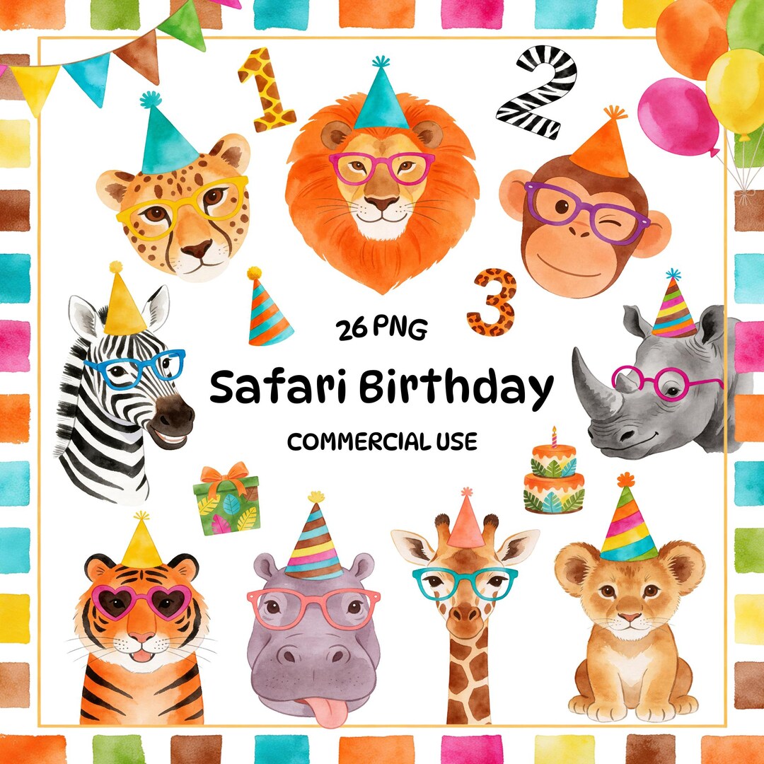 Safari Birthday Clipart Bundle - Jungle Animal Watercolor PNG - Lion ...