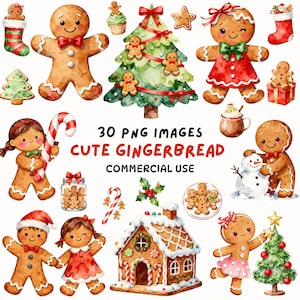 May include: A collection of 30 PNG images featuring cute gingerbread characters and holiday elements. The images include gingerbread people, a Christmas tree, a gingerbread house, and other festive decorations. The text in the image reads "30 PNG IMAGES CUTE GINGERBREAD COMMERCIAL USE."