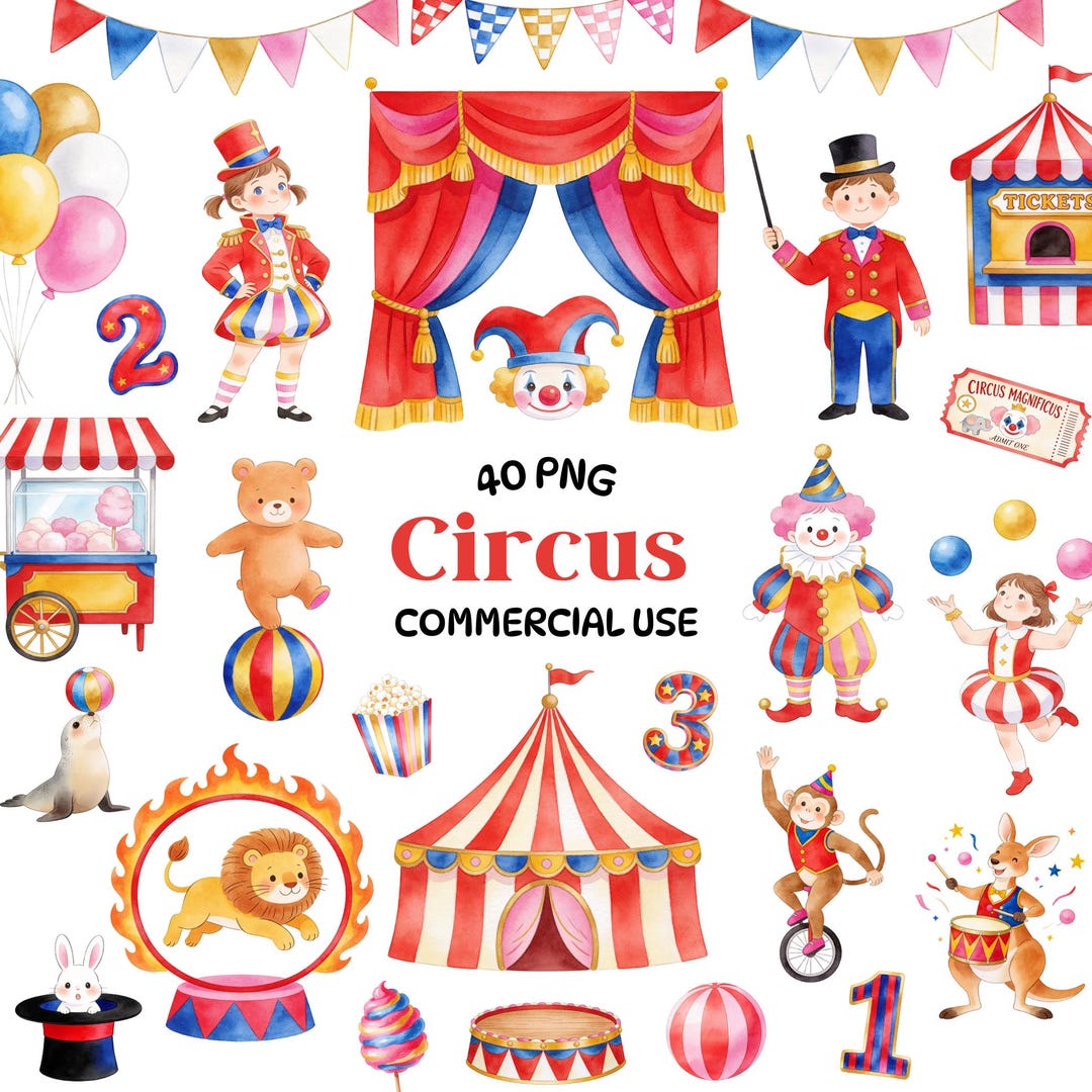Circus Clipart Bundle – Cute Watercolor Carnival Animals & Performers ...