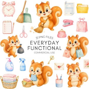 May include: A collection of watercolour illustrations featuring squirrels performing daily tasks alongside household items like a pink alarm clock, broom, dustpan, notepad, scissors, stapler, shopping bags, laundry basket, spray bottle, and envelopes.