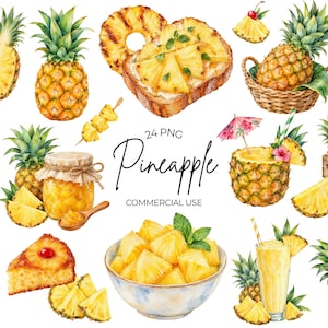 Paquete de imágenes prediseñadas PNG de piñas en acuarela, ilustraciones de cajas de batidos tropicales de verano estilo Kawaii - Uso comercial