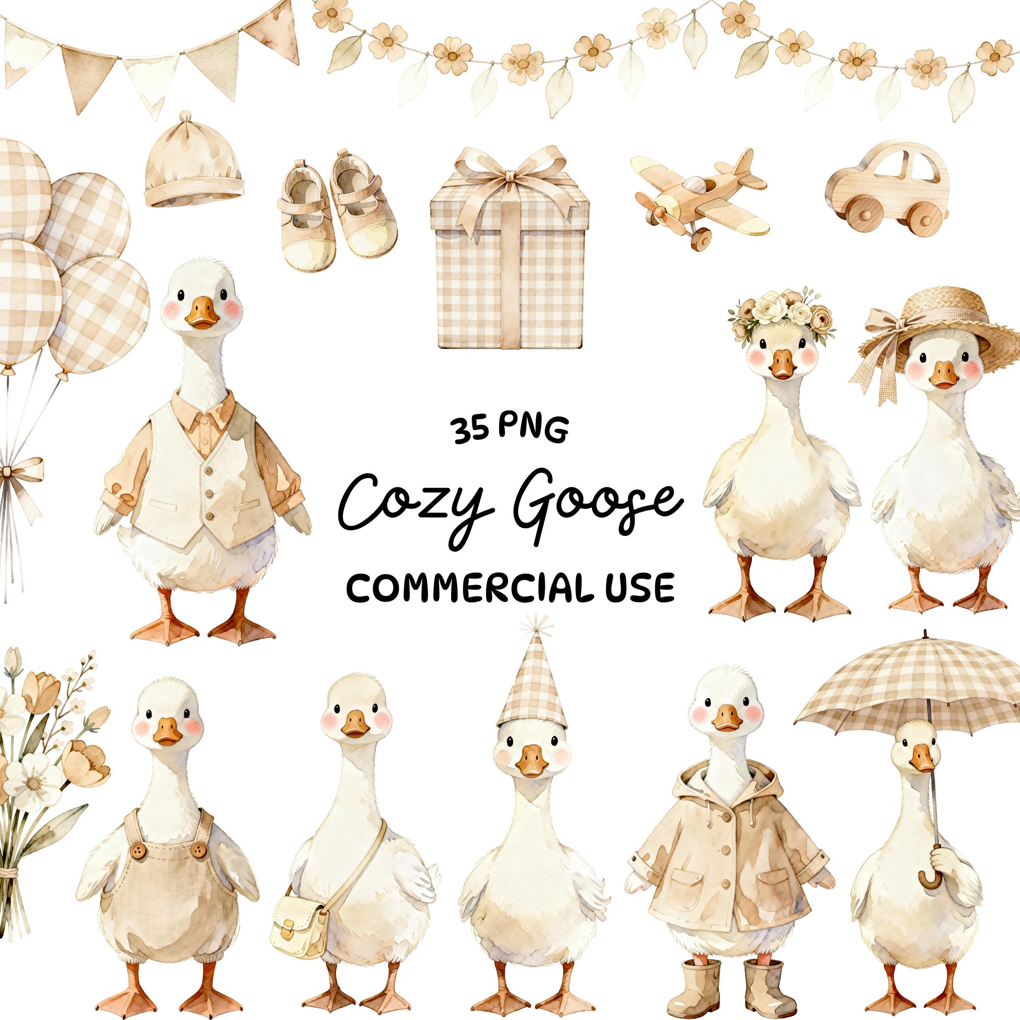 Cozy Goose Clipart Bundle – Watercolor Farm Goose PNG – Neutral ...