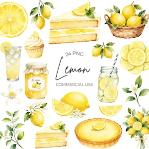 Könnte beinhalten: Aquarell-Illustration mit Zitronen, Zitronenscheiben und Zitronen-Lebensmitteln. Enthält ein Stück Kuchen, eine Tarte, einen Cupcake, Limonade und ein Glas Zitronenmarmelade. Der Text "24 PNG Lemon COMMERCIAL USE" ist ebenfalls enthalten.