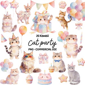 May include: Watercolor illustration of a cat party theme with various cats, balloons, party hats, gifts, and a cake. The text "25 Kawaii Cat Party" is displayed. The image is in PNG format for commercial use.
