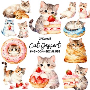 以下が含まれることがあります： 水彩画のイラストで、デザートと可愛い猫が描かれています。ケーキ、ドーナツ、ペストリーを持つ様々な猫が描かれています。「27 Kawaii Cat Dessert」と「PNG - COMMERCIAL USE」の文字も含まれています。