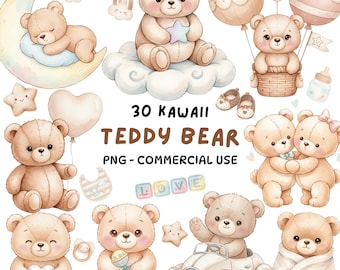 Süßer Teddybär Clipart Bundle - Kawaii Baby Bär PNG Bilder - Kinderzimmer Wandkunst - Babyparty - Süßer Bär Sublimation - Kommerzielle Nutzung