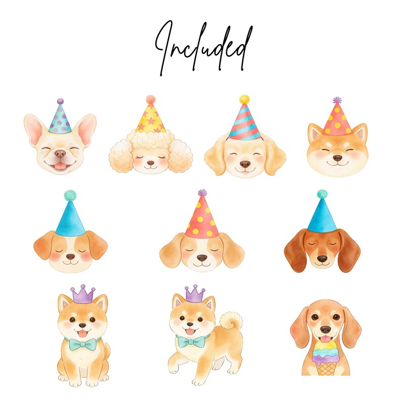 Birthday Puppy Clipart Bundle - Cute Watercolor Dog PNG - Party Hats ...
