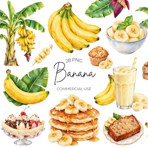 May include: A collection of watercolour illustrations featuring a banana plant, a bunch of bananas, sliced bananas in a bowl, a muffin, a smoothie in a glass with a straw, a banana split, a stack of pancakes with syrup, and banana bread.