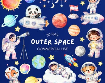 Outer Space Clipart Bundle, Watercolor Animal Astronaut, Rocket, Planets, Stars PNG, Kids Space Theme, Stickers, Sublimation, Commercial Use