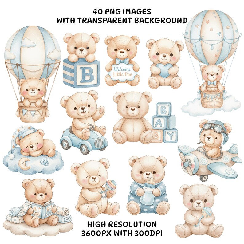 Cute Blue Teddy Bear Clipart Bundle - Kawaii Baby Boy Bear PNG ...