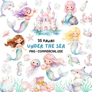 May include: Watercolor illustrations of mermaids, a castle, and sea creatures. The image includes a dolphin, crab, jellyfish, seahorse, turtle, and shark. Text reads "35 Kawaii Under the Sea PNG - Commercial Use."