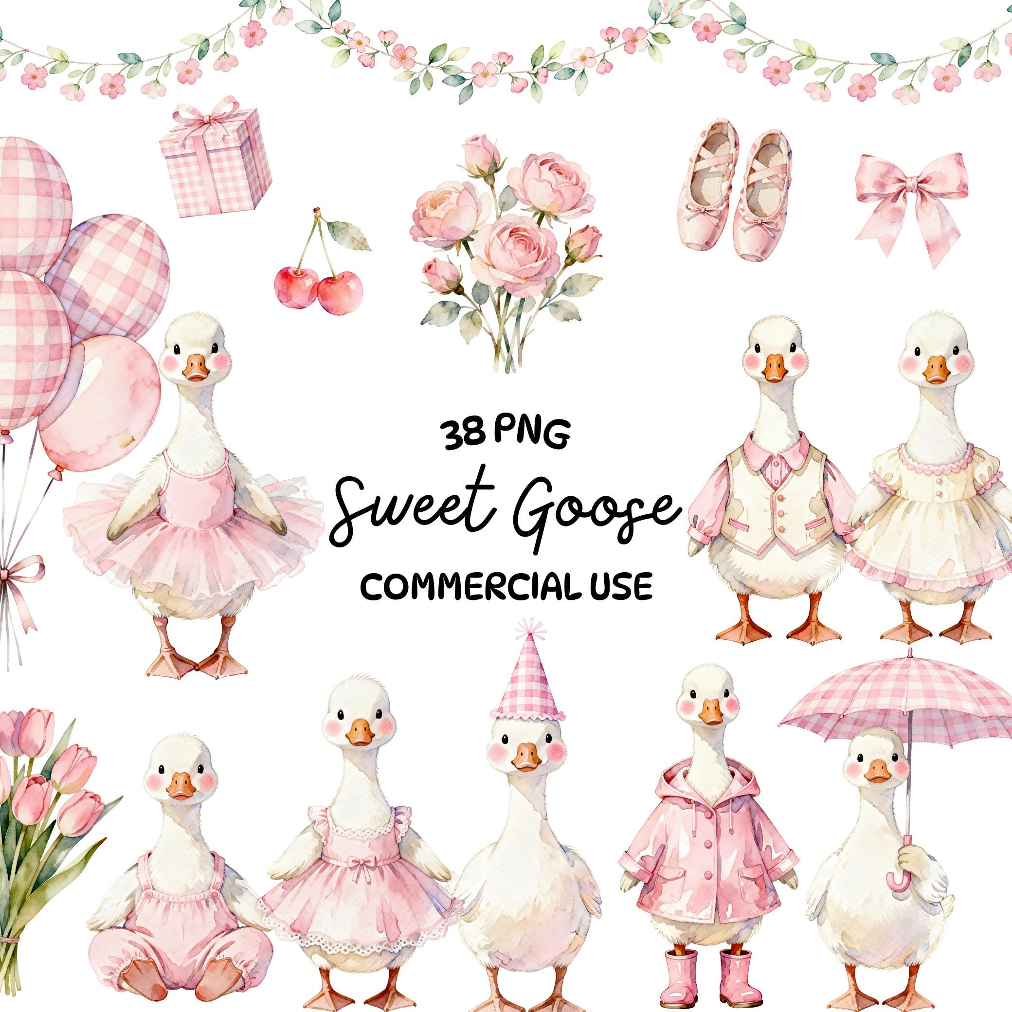 Sweet Goose Watercolor Clipart Bundle - Pink Pastel Baby Goose PNG Set ...