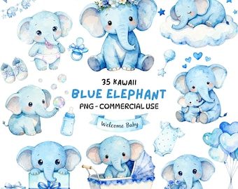 Cute Blue Elephant Clipart Bundle – Kawaii Baby Shower Animal PNG, Newborn Nursery Art, Kid's Birthday, Cards & Decorations – Commercial Use