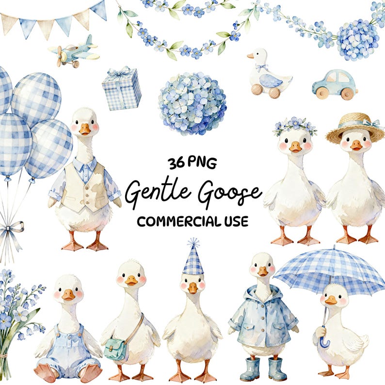 Gentle Goose Watercolor Clipart Bundle - Blue Pastel Baby Goose PNG Set ...