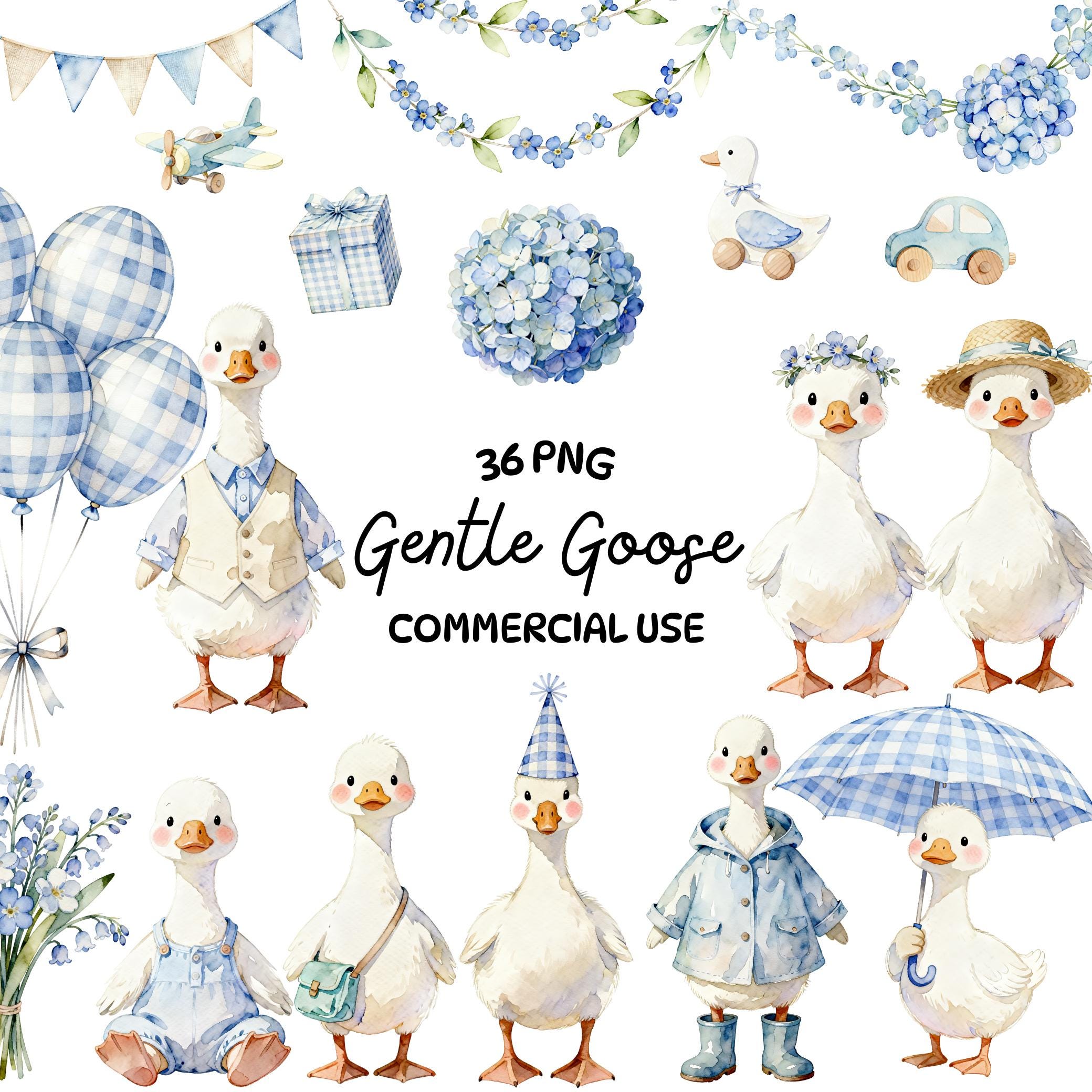 Gentle Goose Watercolor Clipart Bundle - Blue Pastel Baby Goose PNG Set ...