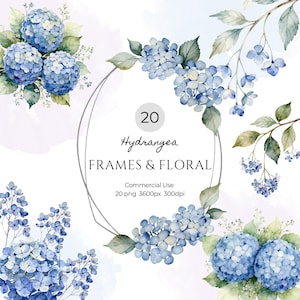 May include: Watercolor illustration featuring blue hydrangea flowers and green leaves. The image includes a silver geometric frame and text that reads "20 Hydrangea Frames & Floral". The design is for commercial use.