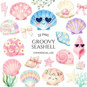 May include: A collection of watercolor illustrations featuring seashells, starfish, and bows in pastel colors. The image includes a blue seashell wearing heart-shaped sunglasses and text that reads "Groovy Seashell".