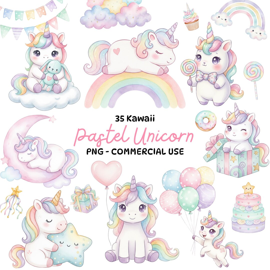 Pastel Unicorn Clipart Bundle – Kawaii Cute Rainbow Baby Unicorns for ...