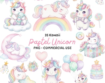 Pastel Unicorn Clipart Bundle – Kawaii Rainbow Baby Unicorns for Kids Crafts PNG, 35 PNG, Nursery Decor – Commercial Use