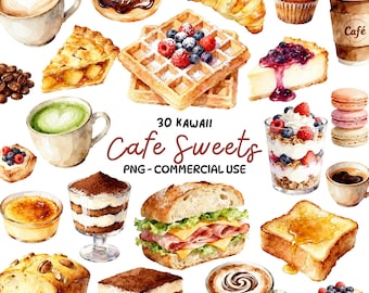 Cafe Süßigkeiten Clipart Bundle - Aquarell Dessert & Kaffee PNG - Gebäck, Latte, Bäckerei Snacks - Aufkleber, Sublimation, kommerzielle Nutzung