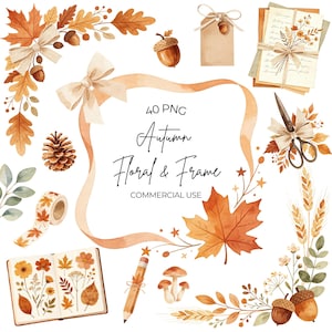 Watercolor Autumn Floral Frame Clipart PNG – Fall Leaves Oak Acorn Wheat Ribbon Graphics Set PNG Digital Sublimation - Commercial Use