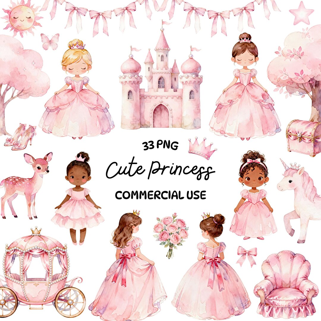 Cute Princess Clipart Bundle – Sweet Pink Watercolor Fairy Tale ...