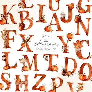 Autumn Alphabet Watercolor Clipart Fall Monogram Letters PNG Bundle for Thanksgiving Pumpkin Sublimation - Commercial Use
