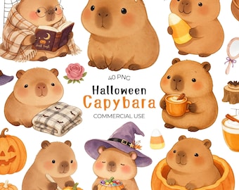 Kawaii Halloween Capybara Clipart Watercolor PNG Bundle, Cute Pumpkin Witch Ghost Animal for Sublimation - Commercial Use