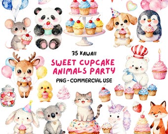 Puede incluir: Ilustración en acuarela con varios animales kawaii, incluyendo un panda, un perro y un zorro, cada uno con cupcakes. La imagen incluye globos, banderines y el texto "35 Kawaii Sweet Cupcake Animals Party".