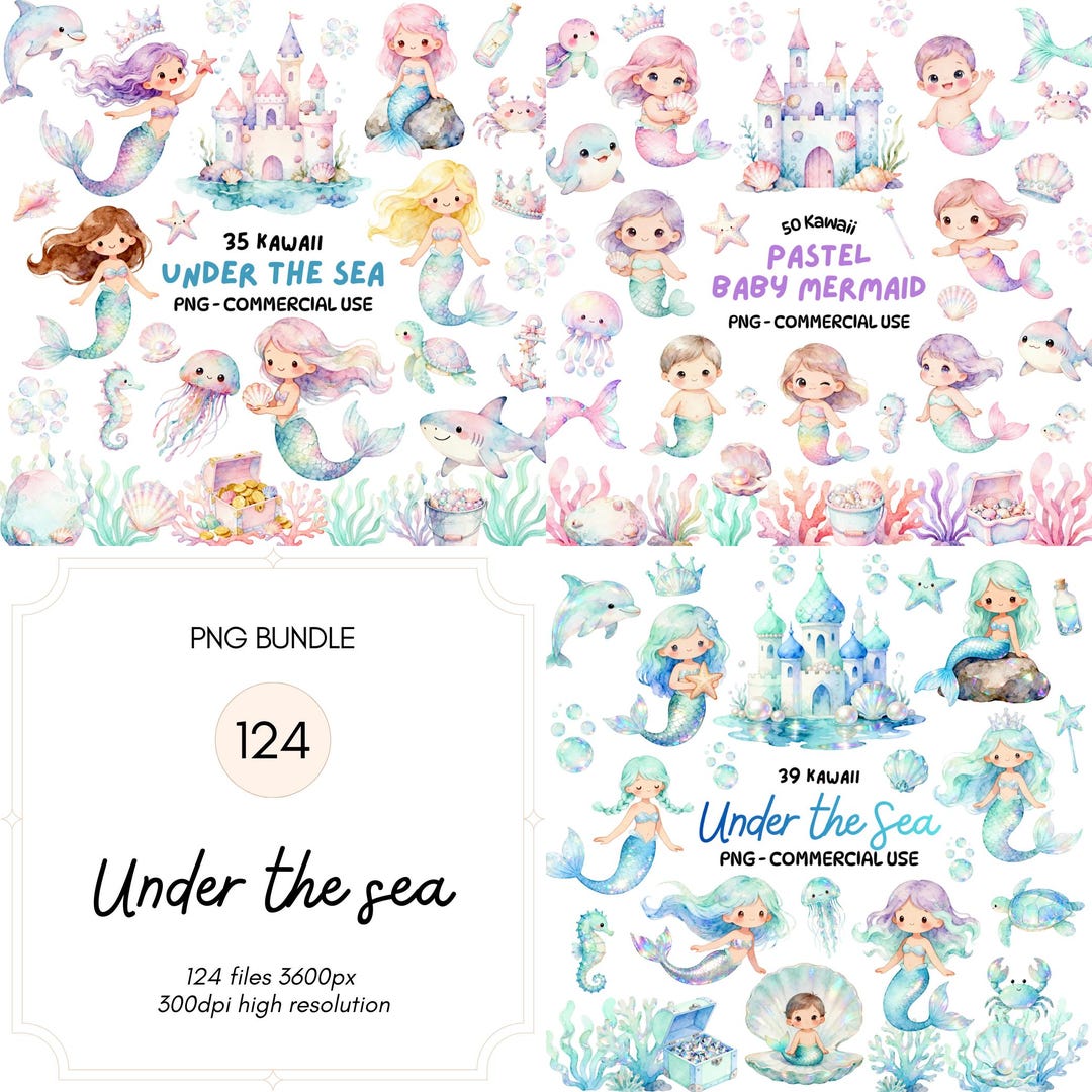 Cute Mermaid Under the Sea Clipart Bundle – Kawaii Pastel Watercolor ...