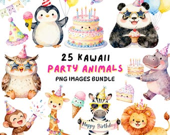 Puede incluir: Ilustración en acuarela de varios animales de fiesta, incluyendo un pingüino, un panda, un búho, un mono, una jirafa, una cebra, un hipopótamo y un león. Cada animal lleva un gorro de fiesta y sostiene globos, pastel o confeti. También se incluye el texto "25 Kawaii Party Animals PNG Images Bundle".