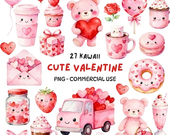May include: Watercolor illustration featuring various Valentine's Day themed items. Includes pink teddy bears, hearts, cupcakes, coffee cups, a truck filled with hearts, and the text "27 Kawaii Cute Valentine PNG-Commercial Use."