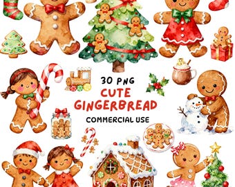 Cute Gingerbread Clipart Bundle PNG, Watercolor Christmas Cookie Characters for Cards Scrapbooking - Commercial Use