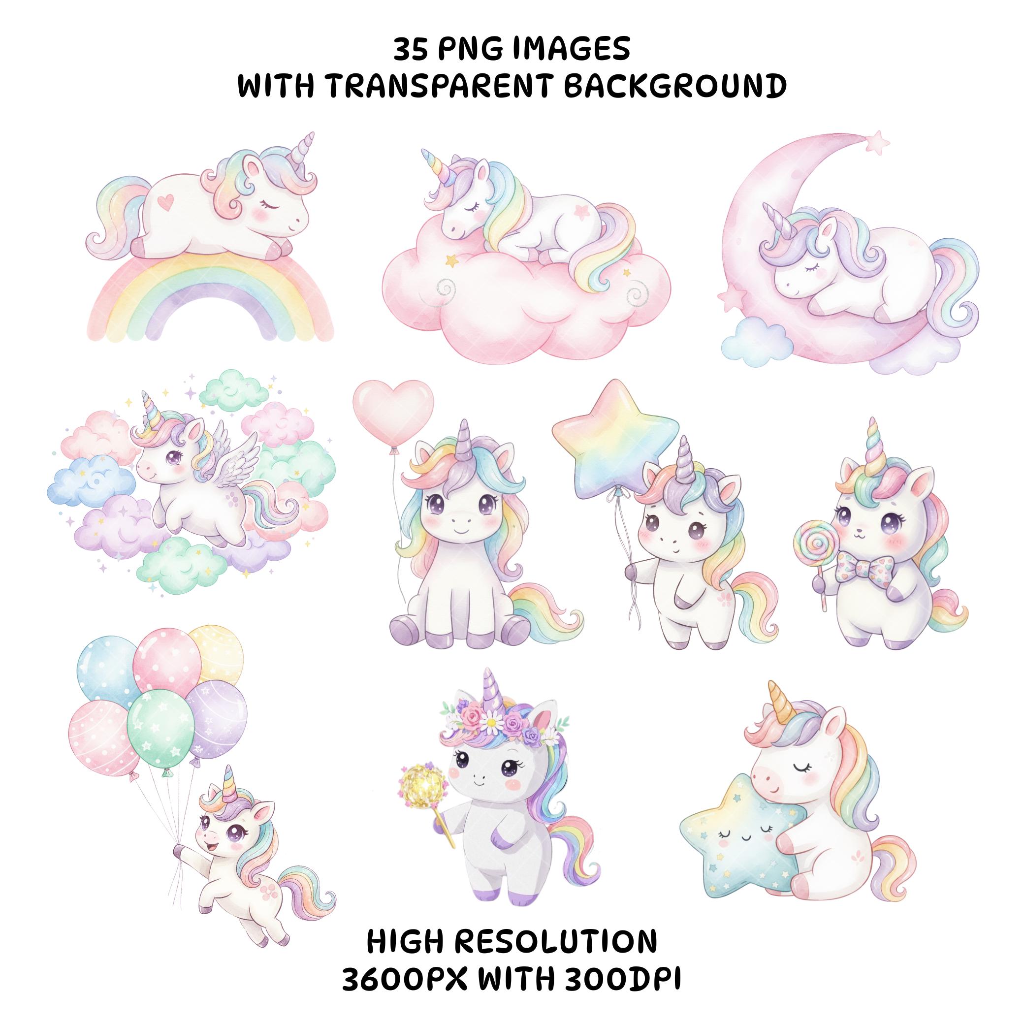 Pastel Unicorn Clipart Bundle – Kawaii Cute Rainbow Baby Unicorns for ...