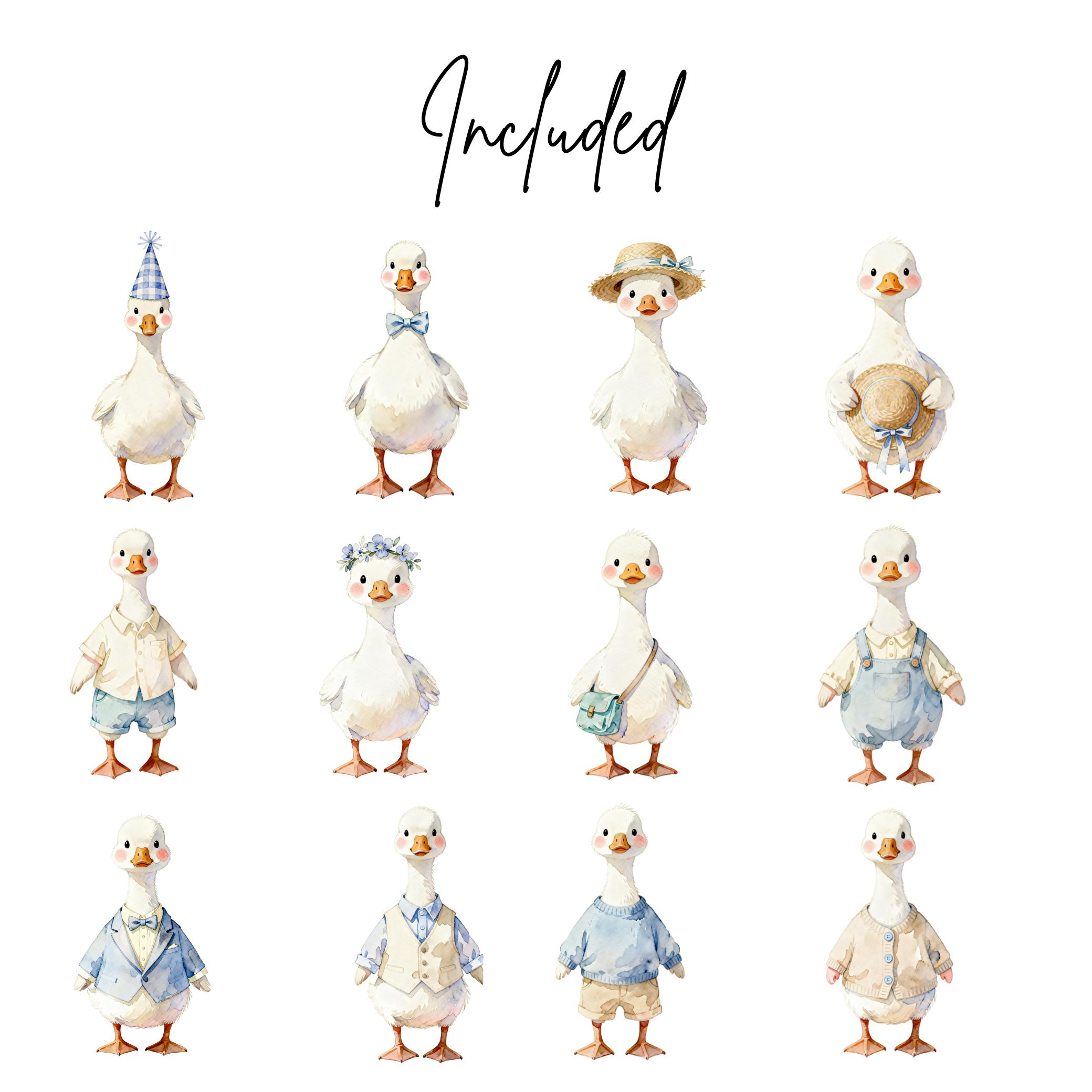 Gentle Goose Watercolor Clipart Bundle - Blue Pastel Baby Goose PNG Set ...