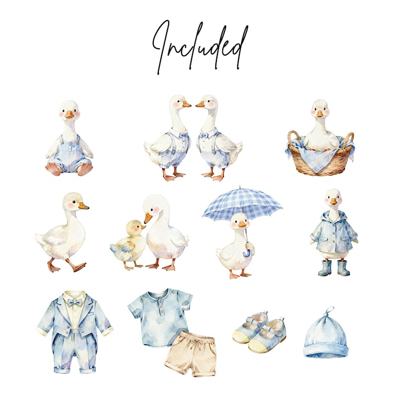 Gentle Goose Watercolor Clipart Bundle - Blue Pastel Baby Goose PNG Set ...
