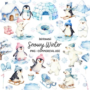 May include: Watercolor illustration featuring penguins, polar bears, an igloo, and a snow-covered house. The image includes the text "36 Kawaii Snowy Winter PNG - COMMERCIAL USE". The illustrations are in shades of blue, white, and pink.