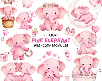 Paquete de imágenes prediseñadas de elefante rosa: animales kawaii para baby shower, PNG, temática de guardería infantil, globos, cochecito, alas, decoración para bebé, uso comercial