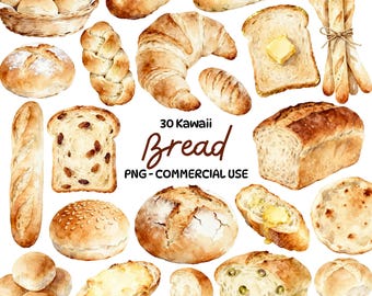 May include: Watercolor illustration of various breads, including rolls, loaves, croissants, and baguettes. Some slices are topped with butter or olives. The image includes the text "30 Kawaii Bread PNG - COMMERCIAL USE."