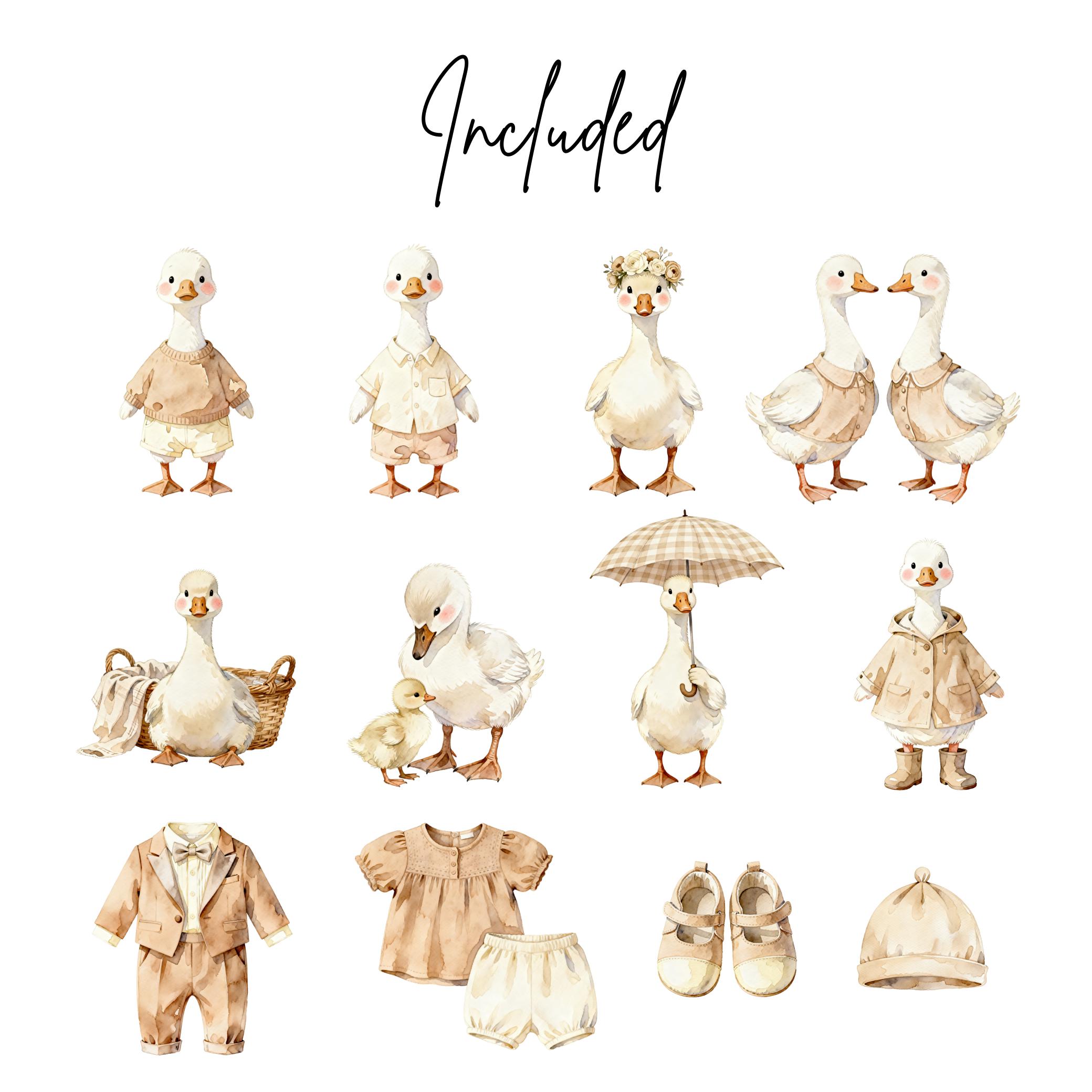 Cozy Goose Clipart Bundle – Watercolor Farm Goose PNG – Neutral ...