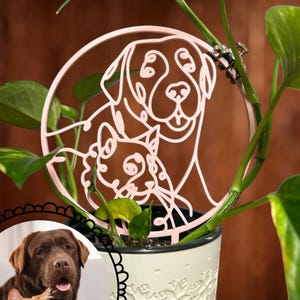 May include: A light pink metal plant stake featuring a line drawing of a dog and a cat within a circular frame. The stake is placed in a white patterned pot with green leafy plants. A photo of a dog and cat is in the lower left.