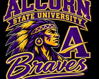 Può includere: Un design grafico con il testo ALCORN STATE UNIVERSITY in viola e oro, con un'illustrazione di profilo di una persona che indossa un copricapo di piume e un grande orecchino, accanto a una grande lettera A e la parola Braves in corsivo.