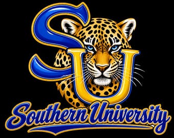 Può includere: Un'illustrazione grafica raffigurante una testa di giaguaro con occhi blu, posizionata dietro grandi lettere S e U stilizzate in blu e giallo. Sotto il giaguaro, il testo Southern University è scritto in un carattere corsivo blu con contorni gialli.