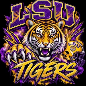 May include: A graphic design featuring a snarling tiger with yellow and black fur, purple and yellow LSU text, and a yellow football helmet with an LSU logo. The artwork includes purple and yellow smoke effects and a large TIGERS text element.