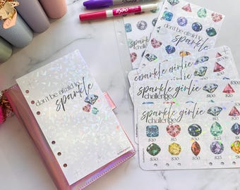 Desafío de ahorro con piedras preciosas holográficas: Tarjetas de presupuesto tamaño A6